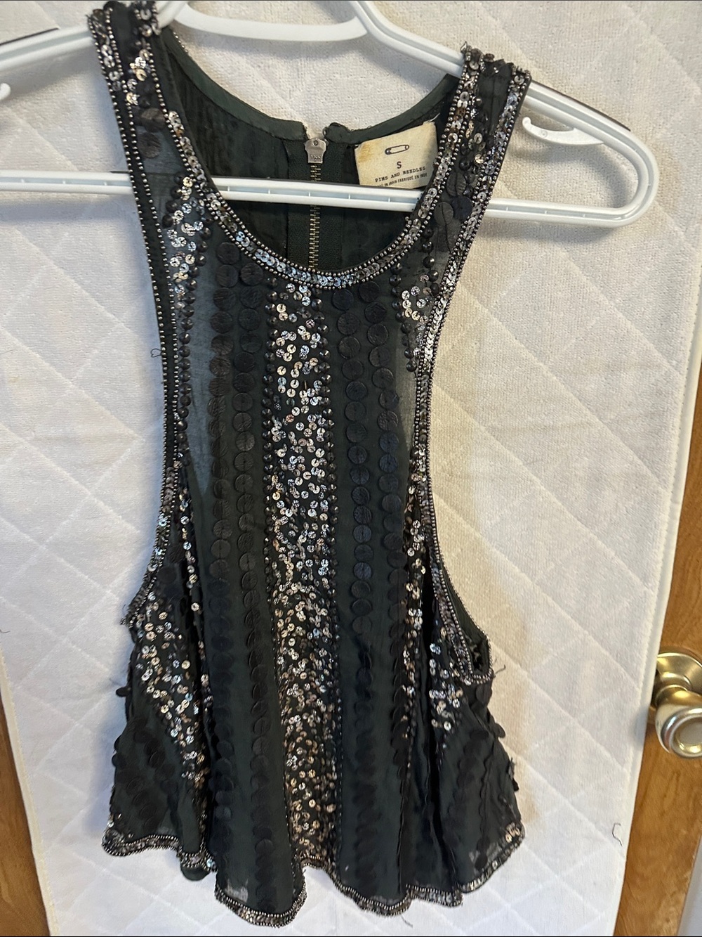 Black Sequin Tank Top with Beaded Trim